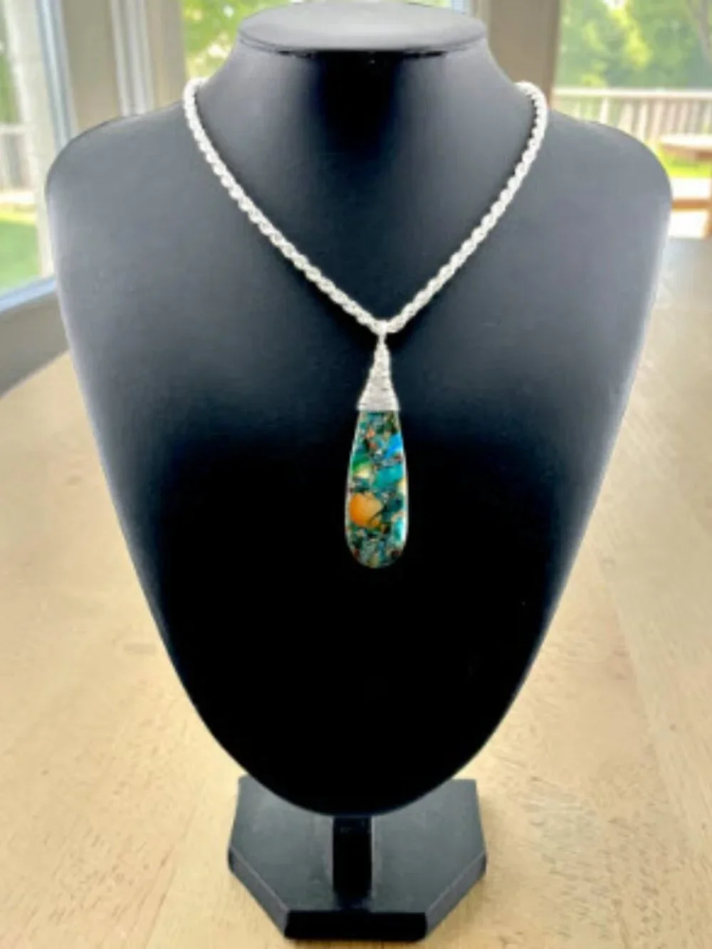 Ocean Blue Impressions Jasper Necklace Pyrite Wire Wrapped Pendant Handmade